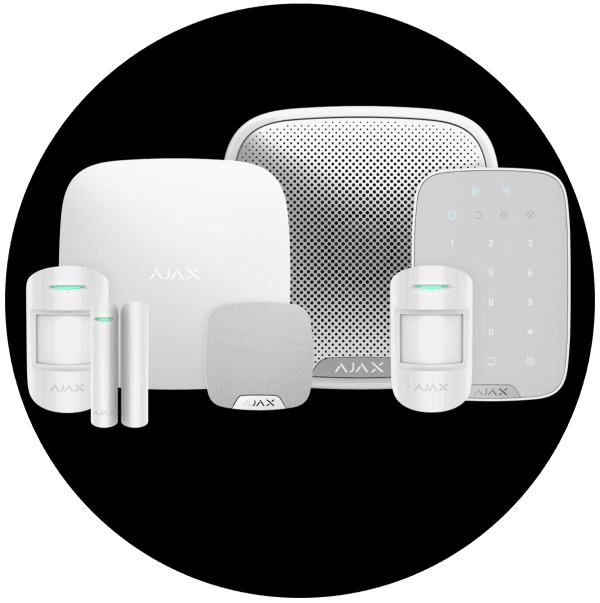 Ajax intrusion protection devices: hub, keypad, siren and motion and door sensors